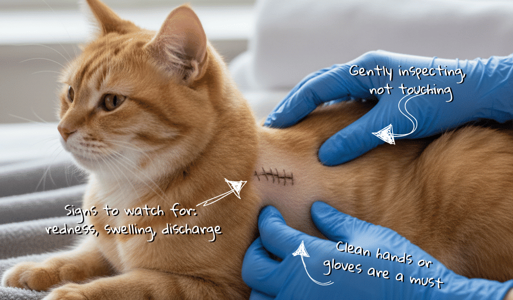Close-up of a person wearing blue gloves visually inspecting a clean, 2-inch surgical incision on a pet cats shoulder for signs of infection during at-home post-surgery care.