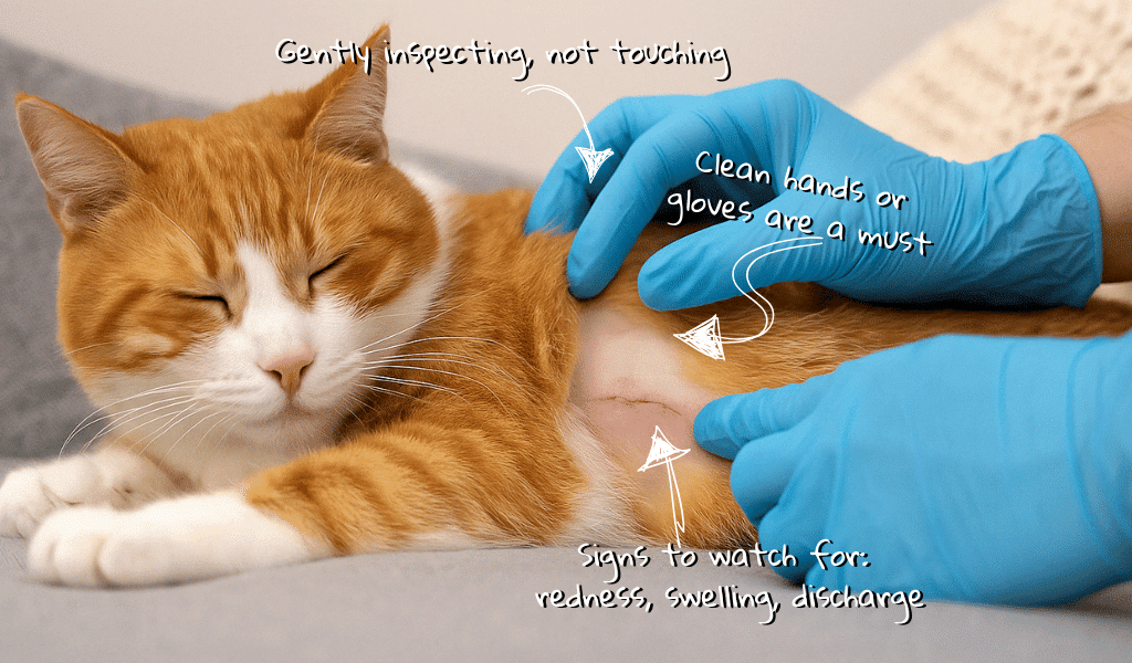 inspecting cat after surgery
