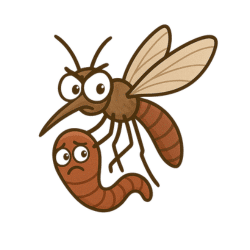 cartoon image of a mosquito carrying a heartworm