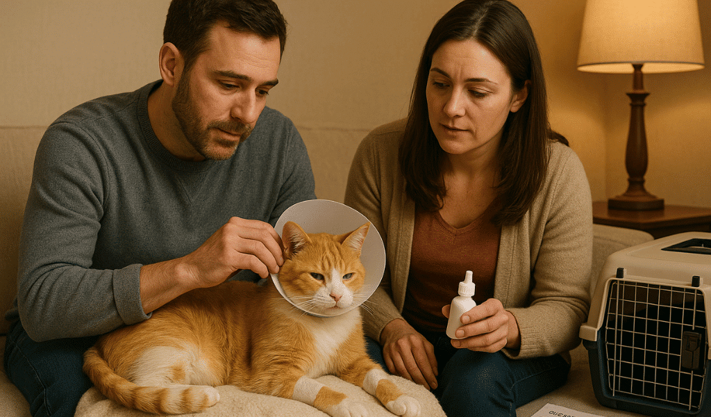 A family tends to their orange cat after a surgical procedure.