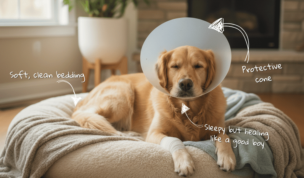 Golden Retriever dog resting in a soft, clean bed with a protective cone (e-collar) and a paw bandage, looking sleepy but healing post-surgery.