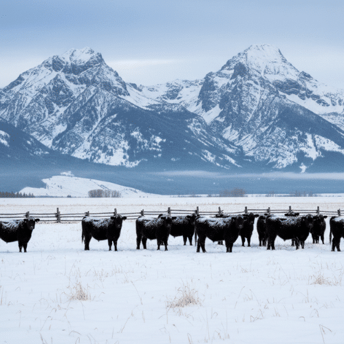 a small montana cattle herd outside in the cold with mountains in the snowy distance