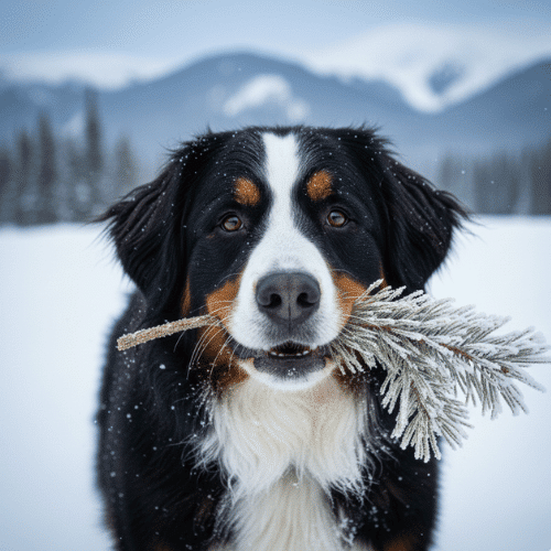snowy cold bernese mountain dog