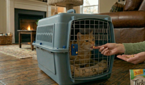 cat in carrier door training