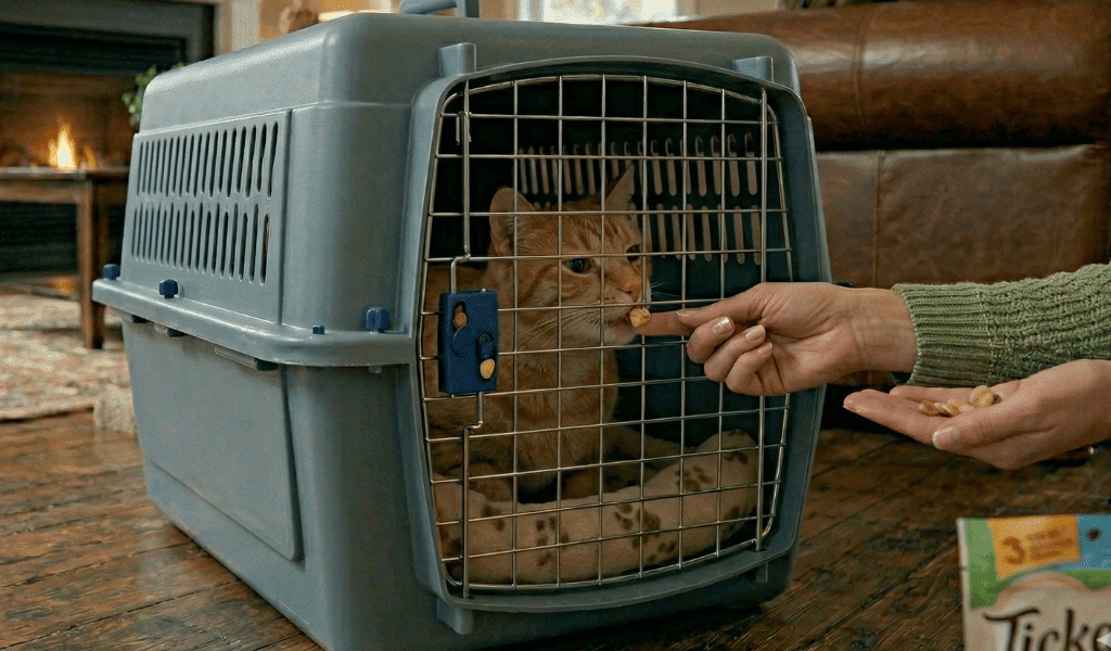 A cat in a cat carrier getting a treat for seeing the vet.