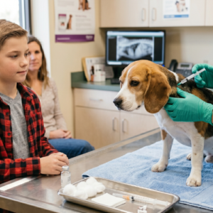 A young boy see's his pet beagle getting a shot.