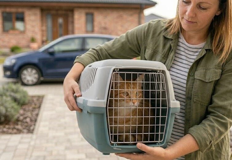 A person carrying an orange cat in a pet carrier outdoors, supporting it firmly from the sides and bottom instead of using the top handle, with a car visible in the background.