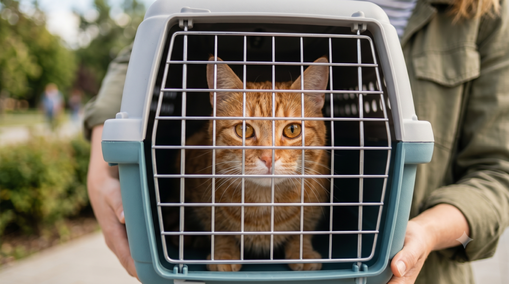 An owner safely transporting an orange tabby cat in a pet carrier outdoors, supporting the weight by holding the crate firmly from the bottom instead of using a top handle.