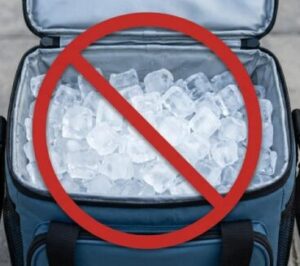 an ice bucket with a cancel sign in front of it