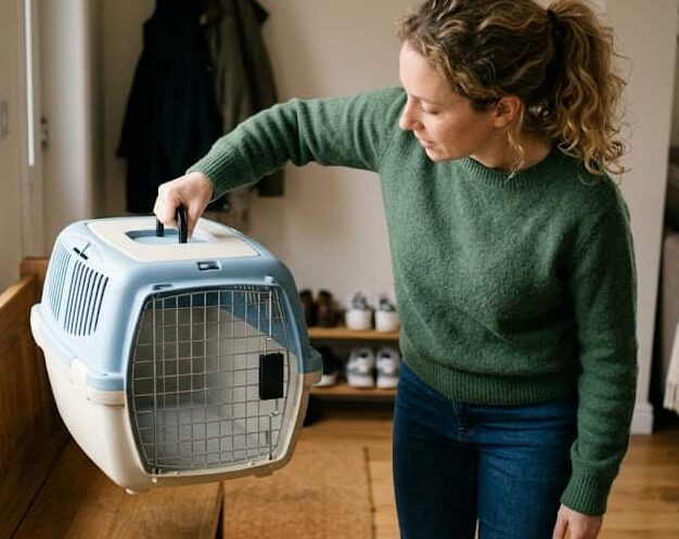 A woman in a green sweater and blue jeans lifts an empty, light blue and white plastic cat carrier by its top handle off a wooden bench. The scene takes place indoors in a well-lit entryway, with a window to the left and a shoe rack and sofa visible in the background.