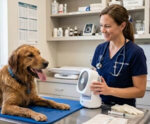 a vet using a small fan to cool off a dog