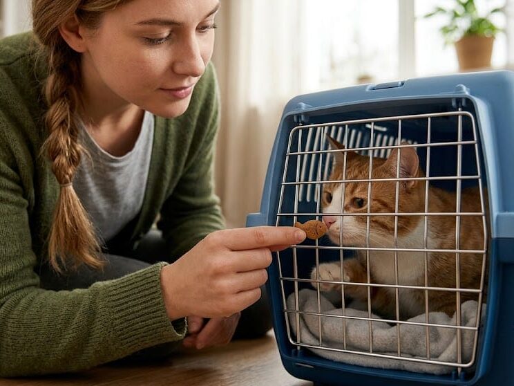 A young woman with blonde braided hair, wearing a green cardigan, sits on the floor facing a blue plastic cat carrier. She is holding a small, fish-shaped treat and offering it through the closed metal wire door of the carrier. Inside, an orange and white tabby cat is looking at the treat, with one paw resting on the inside of the wire grate. The setting is a cozy, softly lit living room.