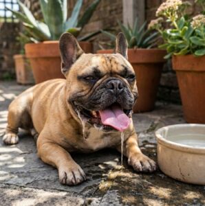 A French Bulldog showing early signs of heat stress, panting heavily with thick drool hanging from its mouth, while resting on a stone patio next to a water bowl.