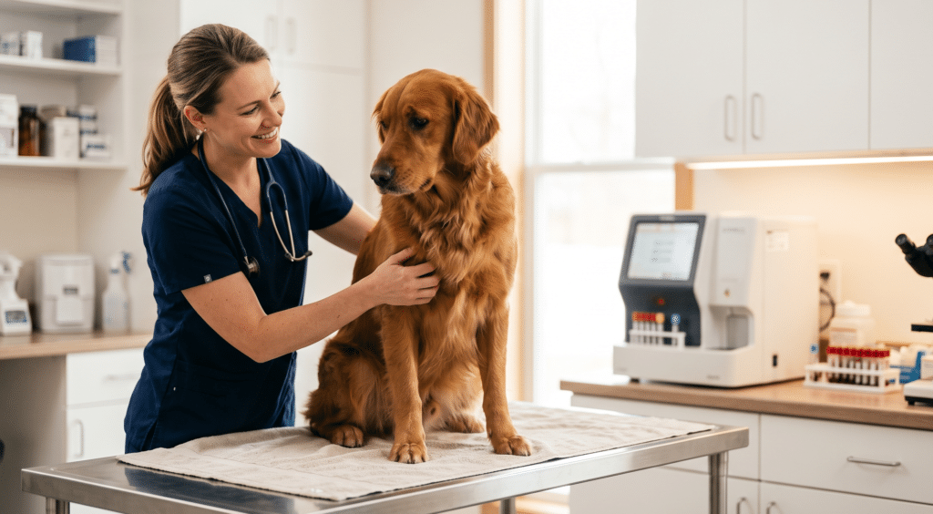 A smiling female veterinarian in navy blue scrubs gently examines a Golden Retriever on a stainless steel table in a modern, brightly lit veterinary clinic, with a blood analyzer and microscope in the background.