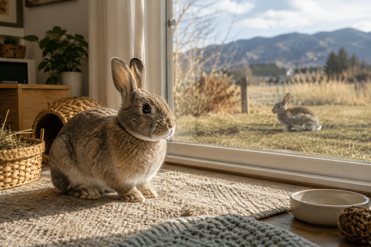 A pet rabbit indoors at a window watching a wild rabbit in a Montana field outside