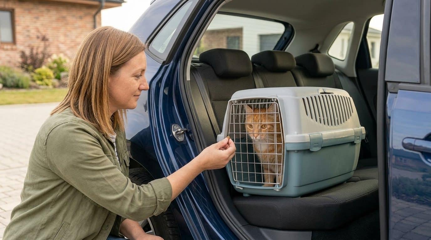 A woman kneeling at an open car door offers a treat through the closed wire door of a cat carrier sitting on the back seat, with an orange tabby cat inside.