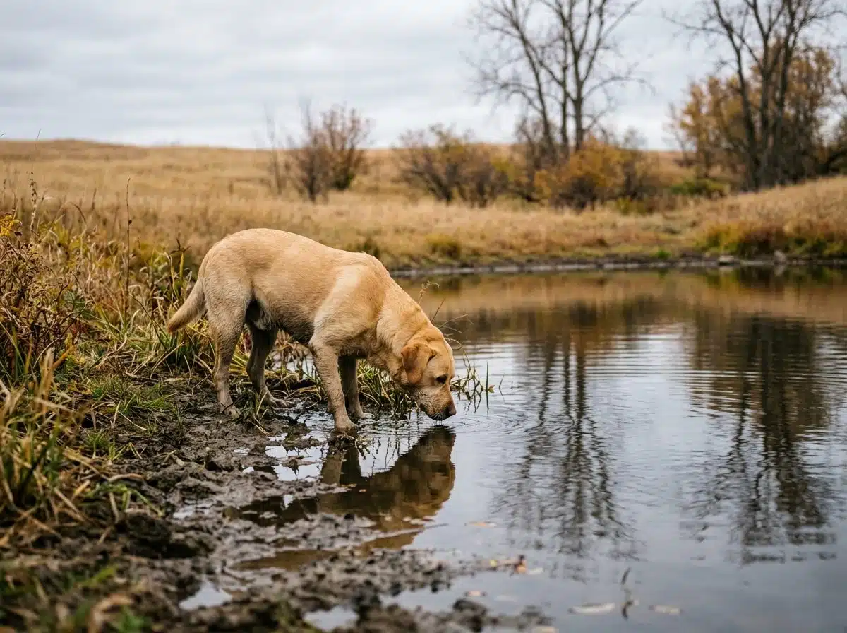 A yellow Labrador retriever drinking from a muddy prairie stock pond in fall